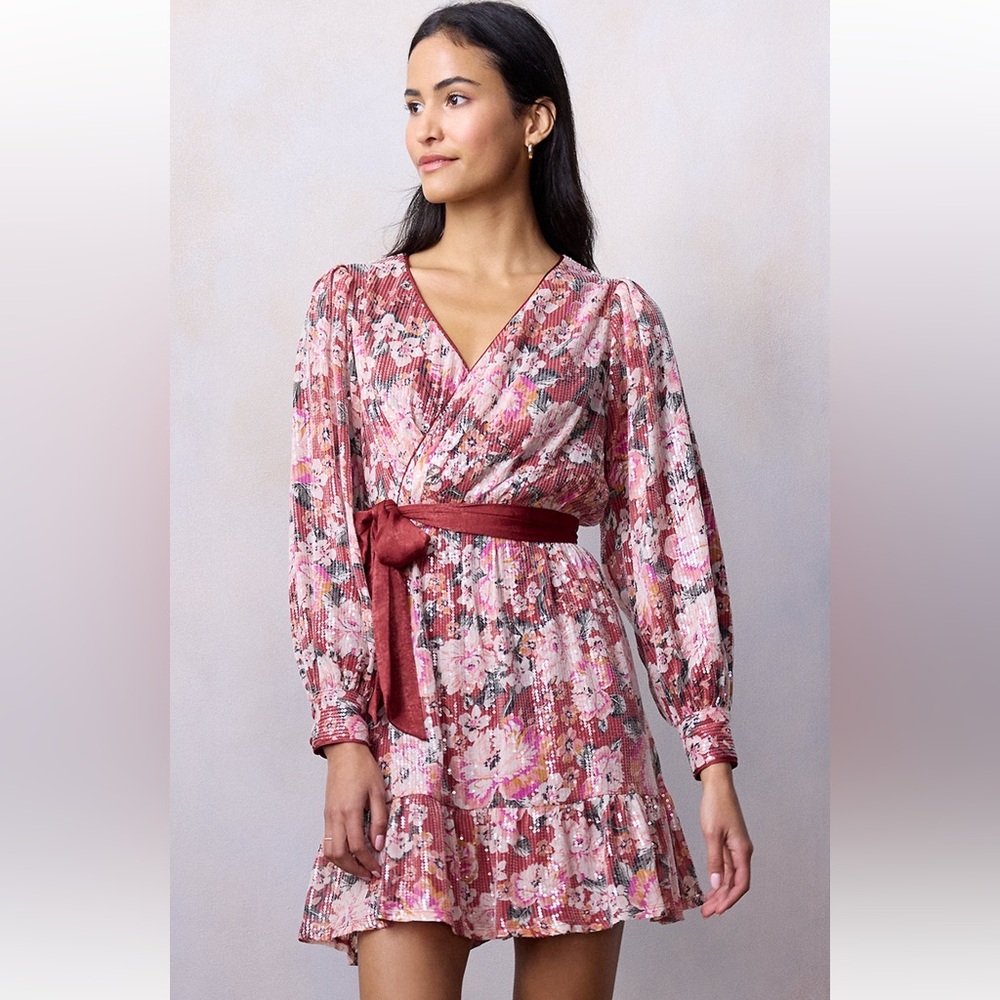 Floral Sequin Wrap Mini Dress